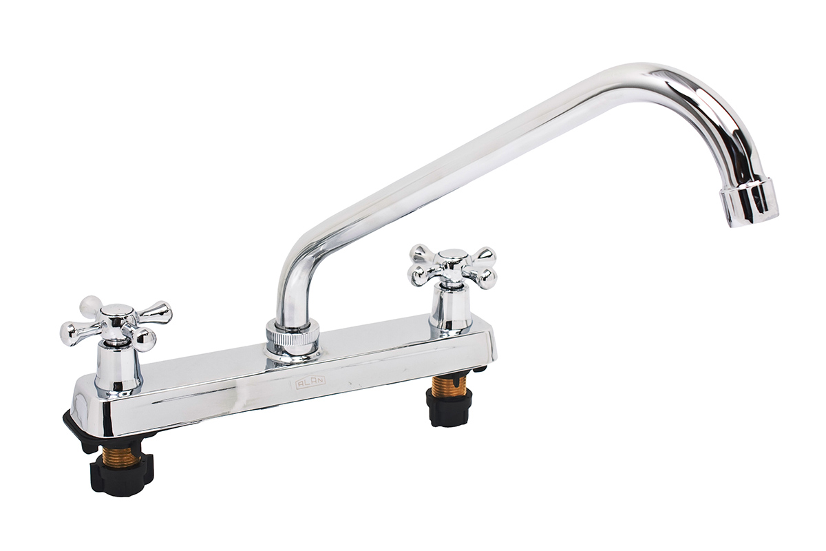 Mezcladora para fregadero con manerales de cruz de 8", modelo 2227, acabado en acero inoxidable